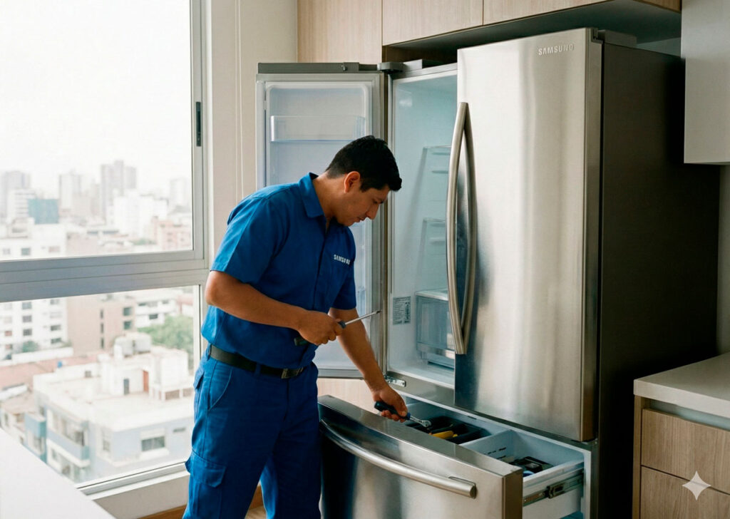 Técnico profesional reparando una refrigeradora Samsung French Door en una cocina moderna de Lima
