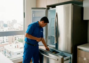 Técnico profesional reparando una refrigeradora Samsung French Door en una cocina moderna de Lima