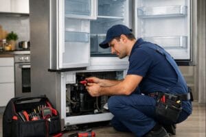 Técnico profesional reparando una refrigeradora de dos puertas no frost en una cocina moderna de Lima