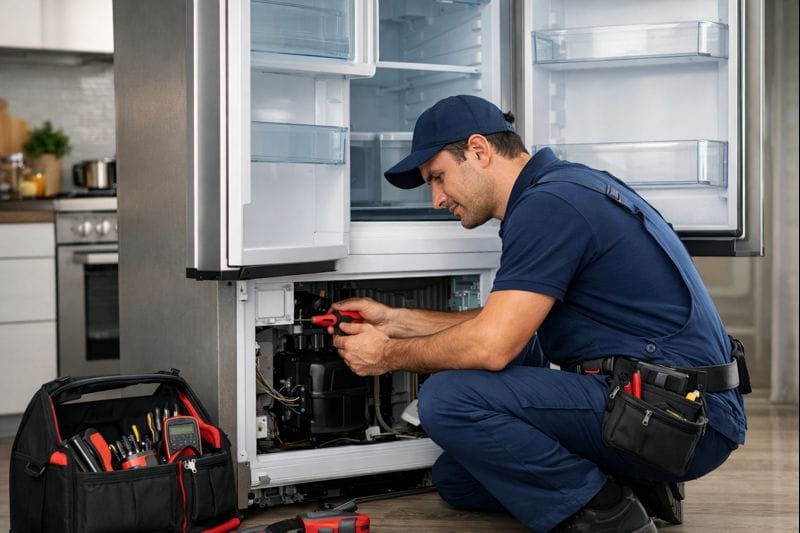 Técnico profesional reparando una refrigeradora de dos puertas no frost en una cocina moderna de Lima